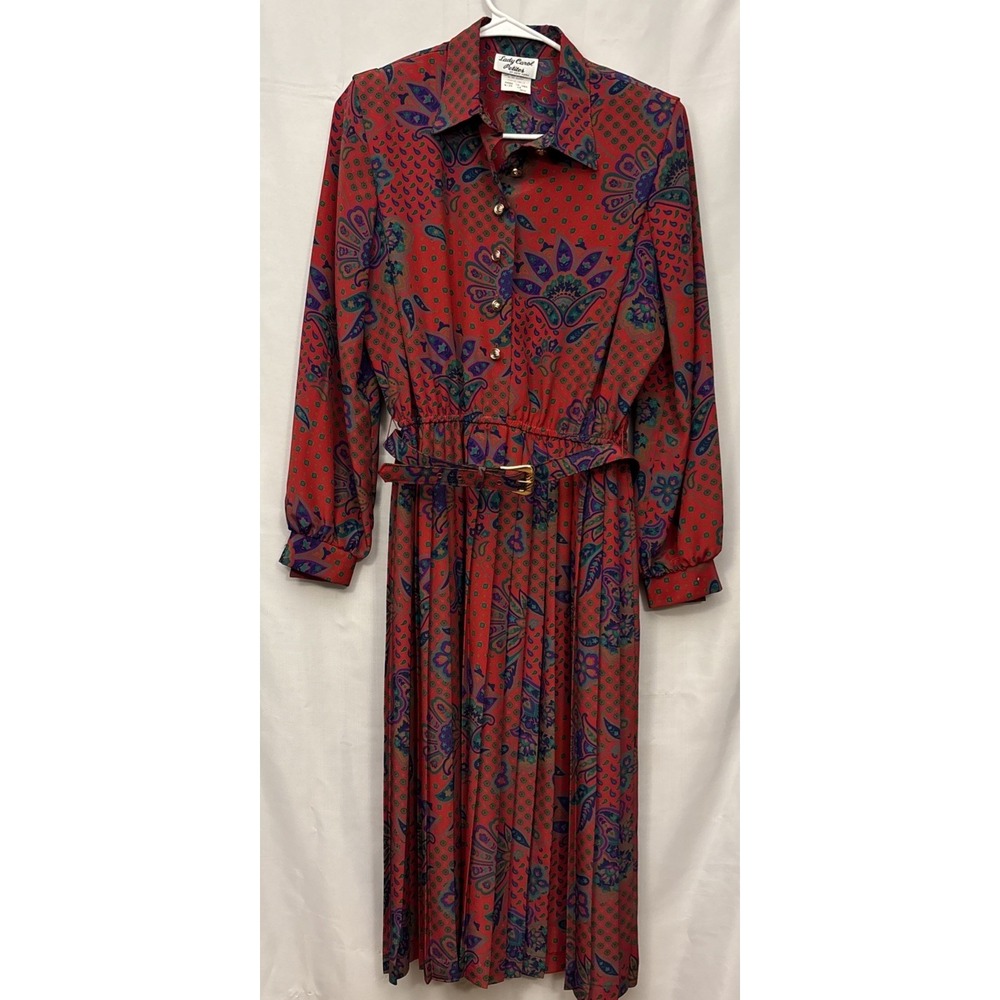 Lady Carol of New York Belted Pleated Dress Red Green Paisley 12 Cottagecore